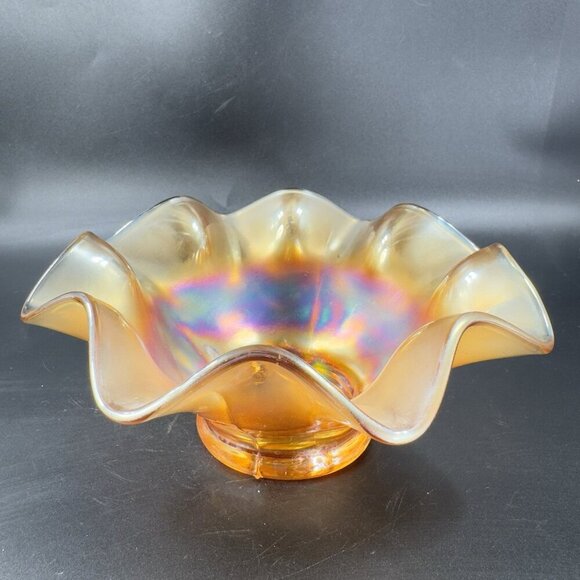 Carnival Glass Iridescent Marigold Bonbon Compote Dish Footed Bowl Glass VTG - Picture 11 of 16